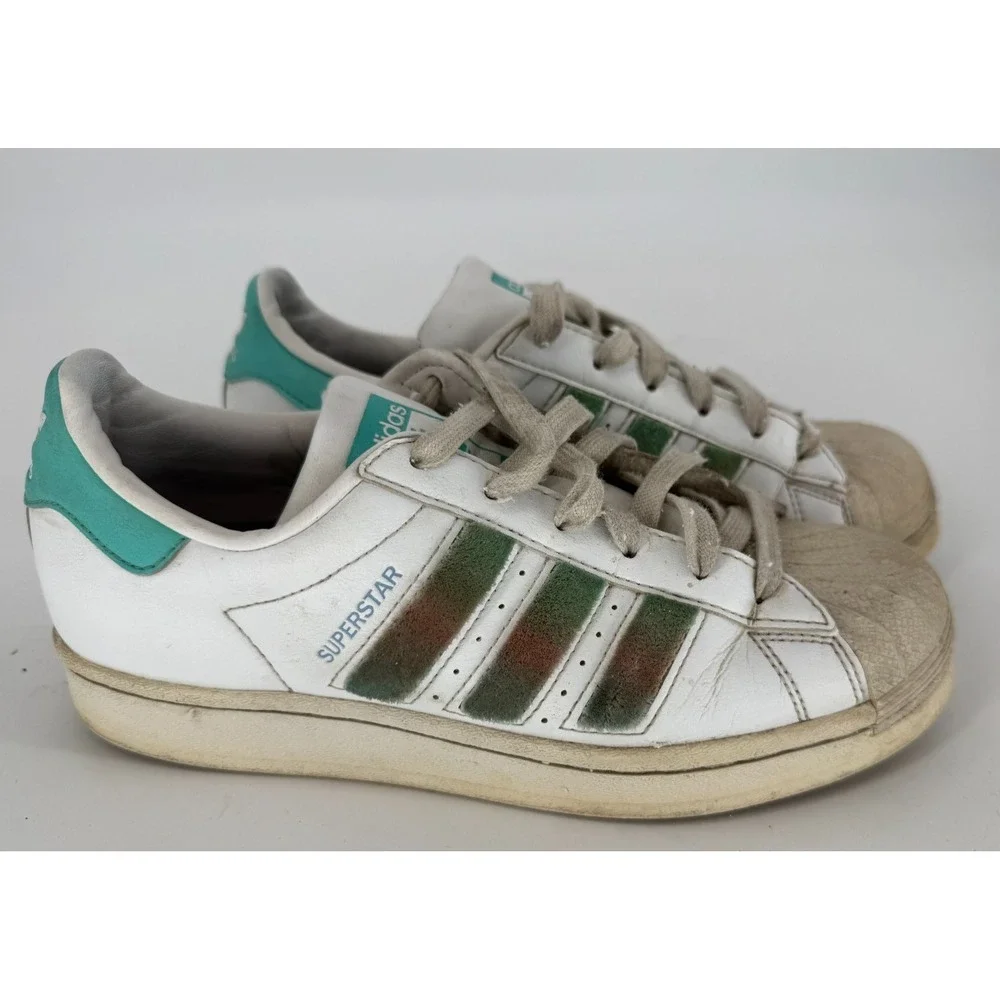 Adidas Superstar White Green Velour Stripe Shell Toe Sneakers Youth 6.5Y Classic